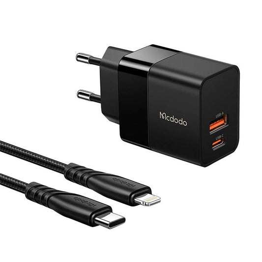 Wall charger Mcdodo CH-1952 USB + USB-C, 20W + USB-C to Lightning cable (black)_0