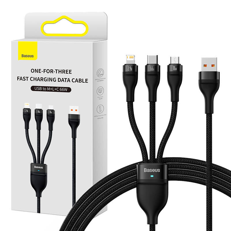 3in1 USB cable Baseus Flash II Series, USB-C + micro USB + Lightning, 66W, 1.2m (Black)_0