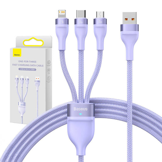 3in1 USB cable Baseus Flash II Series, USB-C + micro USB + Lightning, 66W, 1.2m (Purple)_0