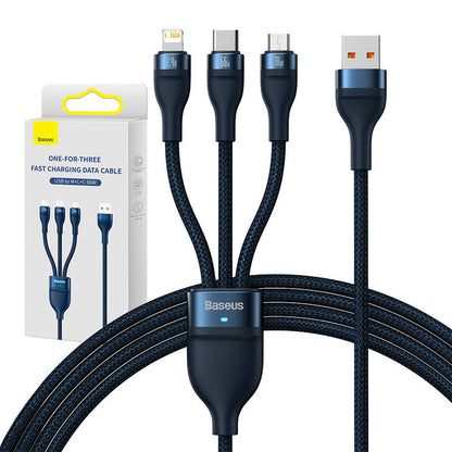 Baseus Flash Series Ⅱ 3in1 Fast Charging Cable USB-A to USB-C / Micro-USB / Lightning 66W 480Mbps 1.2m Blue_0