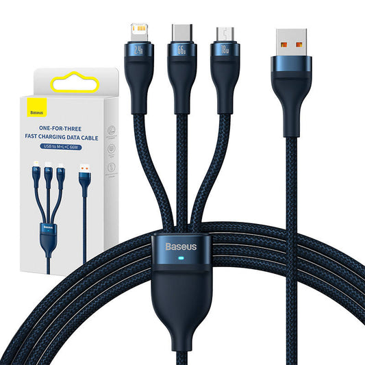Baseus Flash Series Ⅱ 3in1 Fast Charging Cable USB-A to USB-C / Micro-USB / Lightning 66W 480Mbps 1.2m Blue_0