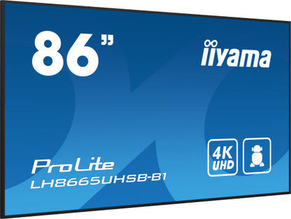MONITOR IIYAMA 86" , UHD IPS PANEL, HAZE 1%, 800CD/M, HORIZ Y VERT, SIGNAL FAILOVER, MM 2X 10W,  HDMI 2X, DP, USB 2.0 X2, WIFI, LAN, MEDIA PLAY USB PORT, CONTROL LAN / RS232C, IISIGNAGE2 (CMS/DMS), E-SHARE, ANDROID 11 OS,  24/7 OPERATION, VESA  (600X_2