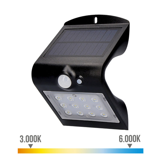Candeeiro de parede solar 1.5w 220lm recarregÃ¡vel. tempo de carga 5-6h. sensor de presenÃ§a (2-6m) cor preto 9,6x7,3x14cm edm_0