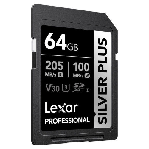 LEXAR 64GB PROFESSIONAL SILVER PLUS SDXC UHS-I CARDS,  UP TO 205MB/S READ 100MB/S WRITE C10 V30 U3_0