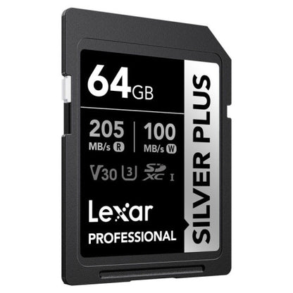 LEXAR 64GB PROFESSIONAL SILVER PLUS SDXC UHS-I CARDS,  UP TO 205MB/S READ 100MB/S WRITE C10 V30 U3_0