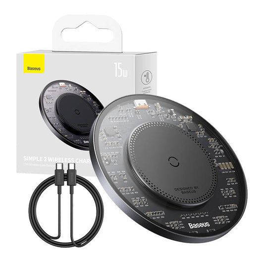Wireless Qi inductive charger Baseus Simple 2, 15W with USB-C to USB-C cable (black)_0