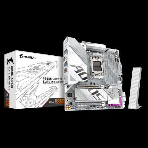 GIGABYTE B850M AORUS ELITE WIFI6E ICE Placa Base - Procesadores AMD Ryzen Serie 9000, 12+2+1 fases VRM digitales, hasta 8200MHz DDR5 (OC), 1xPCIe 5.0 + 1xPCIe 4.0 M.2, LAN 2.5, WIFI 7, USB 3.2 Gen 2_0
