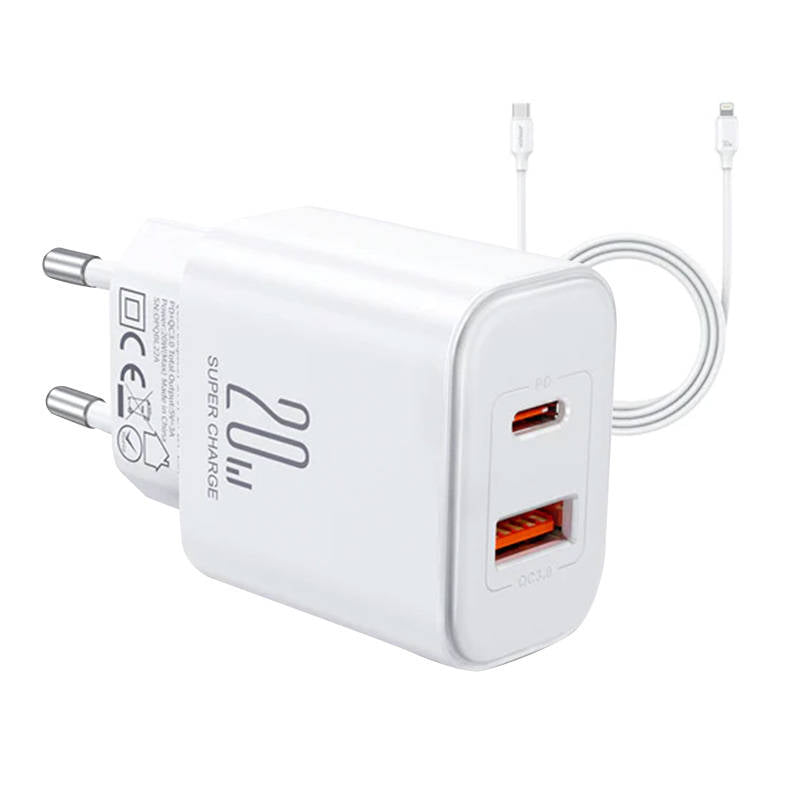 Joyroom JR-TCF05 20W USB-C / USB-A Fast Dual Port Wall Charger - White + USB-C - Lightning 1m_1