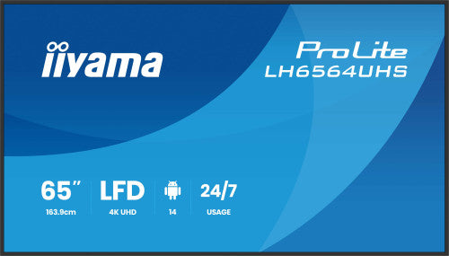 MONITOR IIYAMA 65" 3840X2160, UHD VA DLED PANEL, HAZE 25% 500CD/MÂ², LANDSCAPE AND PORTRAIT, SPEAKERS 2X 10W, 2X HDMIX 1X USB-C , USB 2.0 X2, WIFI, LAN, MEDIA PLAY USB PORT, CONTROL LAN / RS232C, IISIGNAGE2 (CMS/DMS), ANDROID 14 (LH654UHS-B1AG)_0