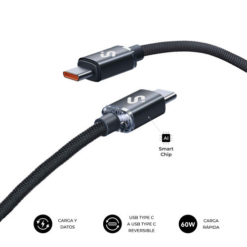 Cable USB 2.0 Tipo-C Subblim Optimus/ USB Tipo-C Macho - USB Tipo-C Macho/ Hasta 60W/ 480Mbps/ 1m/ Negro_2