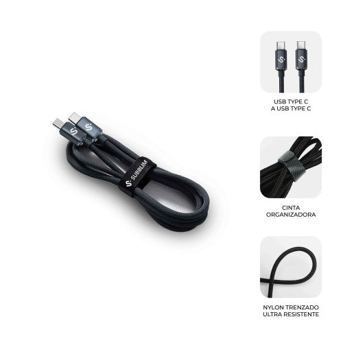 Cable USB 2.0 Tipo-C Subblim Optimus/ USB Tipo-C Macho - USB Tipo-C Macho/ Hasta 60W/ 480Mbps/ 1m/ Negro_3