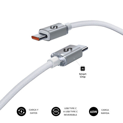 Cable USB 2.0 Tipo-C Subblim Optimus/ USB Tipo-C Macho - USB Tipo-C Macho/ Hasta 60W/ 480Mbps/ 2m/ Blanco_2