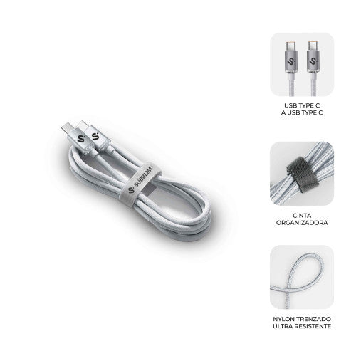 Cable USB 2.0 Tipo-C Subblim Optimus/ USB Tipo-C Macho - USB Tipo-C Macho/ Hasta 60W/ 480Mbps/ 2m/ Blanco_3