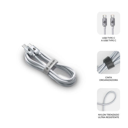 Cable USB 2.0 Tipo-C Subblim Optimus/ USB Tipo-C Macho - USB Tipo-C Macho/ Hasta 60W/ 480Mbps/ 2m/ Blanco_3