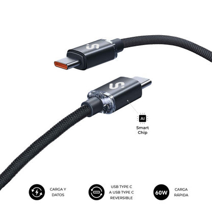 Cable USB 2.0 Tipo-C Subblim Optimus/ USB Tipo-C Macho - USB Tipo-C Macho/ Hasta 60W/ 480Mbps/ 2m/ Negro_2
