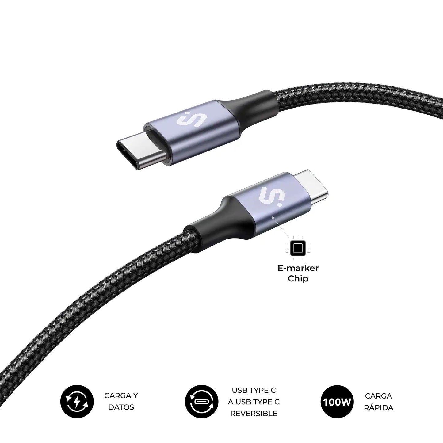 Cable USB 2.0 Tipo-C Subblim Plus/ USB Tipo-C Macho - USB Tipo-C Macho/ Hasta 100W/ 480Mbps/ 1m/ Negro_5