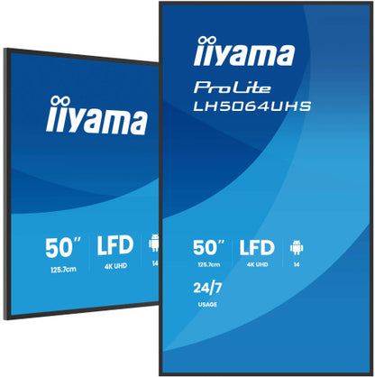 IIYAMA MONITOR 50" 3840x2160, UHD VA DLED  500cd/m, HORIZ Y VERT, MM 2x 10W, 2x HDMIx 1x USB-C, USB 2.0 x2, WiFi, LAN, Media Play USB Port, Control LAN / RS232C, Android 14 OS, 24/7 Operation, VESA Mount 400x300 - wallmount included (LH5064UHS-B1AG)_4