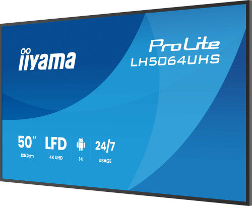 IIYAMA MONITOR 50" 3840x2160, UHD VA DLED  500cd/m, HORIZ Y VERT, MM 2x 10W, 2x HDMIx 1x USB-C, USB 2.0 x2, WiFi, LAN, Media Play USB Port, Control LAN / RS232C, Android 14 OS, 24/7 Operation, VESA Mount 400x300 - wallmount included (LH5064UHS-B1AG)_5