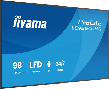 IIYAMA MONITOR 98" 3840x2160, UHD VA DLED  500cd/m, HORIZ Y VERT, MM 2x 10W, 2x HDMIx 1x USB-C, USB 2.0 x2, WiFi, LAN, Media Play USB Port, Control LAN / RS232C, Android 14 OS, 24/7 Operation, VESA Mount 700x500 - wallmount included (LH5564UHS-B1AG)_1