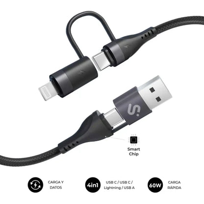 Cable USB 2.0 Tipo-C Subblim Top 4 en 1/ USB Tipo-C Macho - USB Macho/ USB Tipo-C Macho - Lightning Macho/ Hasta 60W/ 480Mbps/ 1m/ Negro_0