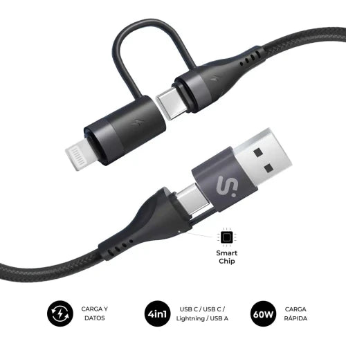 Cable USB 2.0 Tipo-C Subblim Top 4 en 1/ USB Tipo-C Macho - USB Macho/ USB Tipo-C Macho - Lightning Macho/ Hasta 60W/ 480Mbps/ 1m/ Negro_0