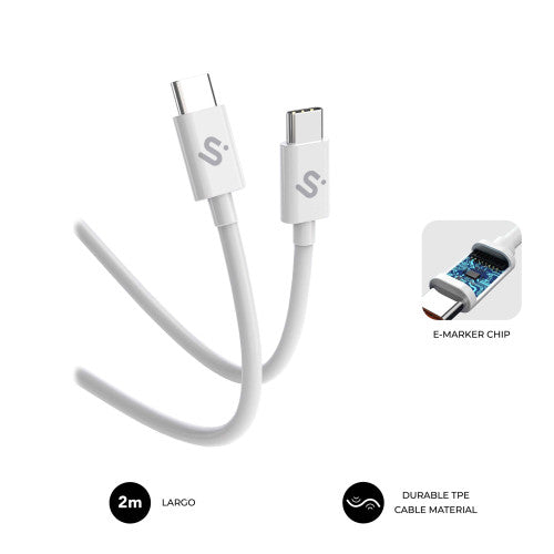 Cable USB 2.0 Tipo-C Subblim Cable Plus/ USB Tipo-C Macho - USB Tipo-C Macho/ Hasta 100W/ 480Mbps/ 2m/ Blanco_0