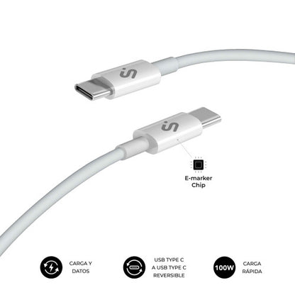 Cable USB 2.0 Tipo-C Subblim Cable Plus/ USB Tipo-C Macho - USB Tipo-C Macho/ Hasta 100W/ 480Mbps/ 2m/ Blanco_2