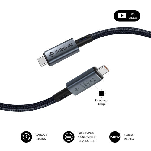 Cable USB 4.0 Tipo-C Subblim Cable High/ USB Tipo-C Macho - USB Tipo-C Macho/ Hasta 240W/ 1.5m/ Negro_2