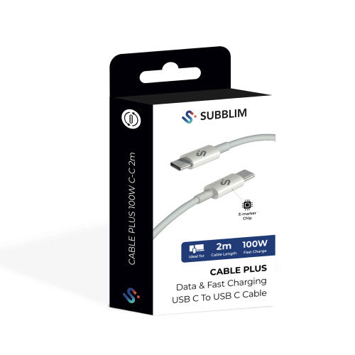 Cable USB 2.0 Tipo-C Subblim Cable Plus/ USB Tipo-C Macho - USB Tipo-C Macho/ Hasta 100W/ 480Mbps/ 2m/ Blanco_6