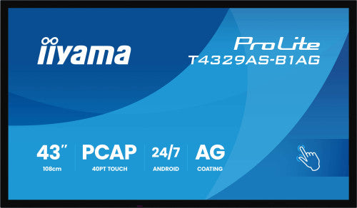 MONITOR IIYAMA 43" ALL-IN-ONE PCAP INTERACTIVE/ ANDROID 14 OS/ 3840 x 2160/ 450CD/MÂ² WITH TOUCH/ HDMI X2 + USB-C/RS-232C X1/ WiFi 5 - 2.4G / 5G/ RAM: 4GB, ROM: 32GB/ TOUCH THROUGH-GLASS (T4329AS-B1AG)_0