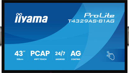 MONITOR IIYAMA 43" ALL-IN-ONE PCAP INTERACTIVE/ ANDROID 14 OS/ 3840 x 2160/ 450CD/MÂ² WITH TOUCH/ HDMI X2 + USB-C/RS-232C X1/ WiFi 5 - 2.4G / 5G/ RAM: 4GB, ROM: 32GB/ TOUCH THROUGH-GLASS (T4329AS-B1AG)_1