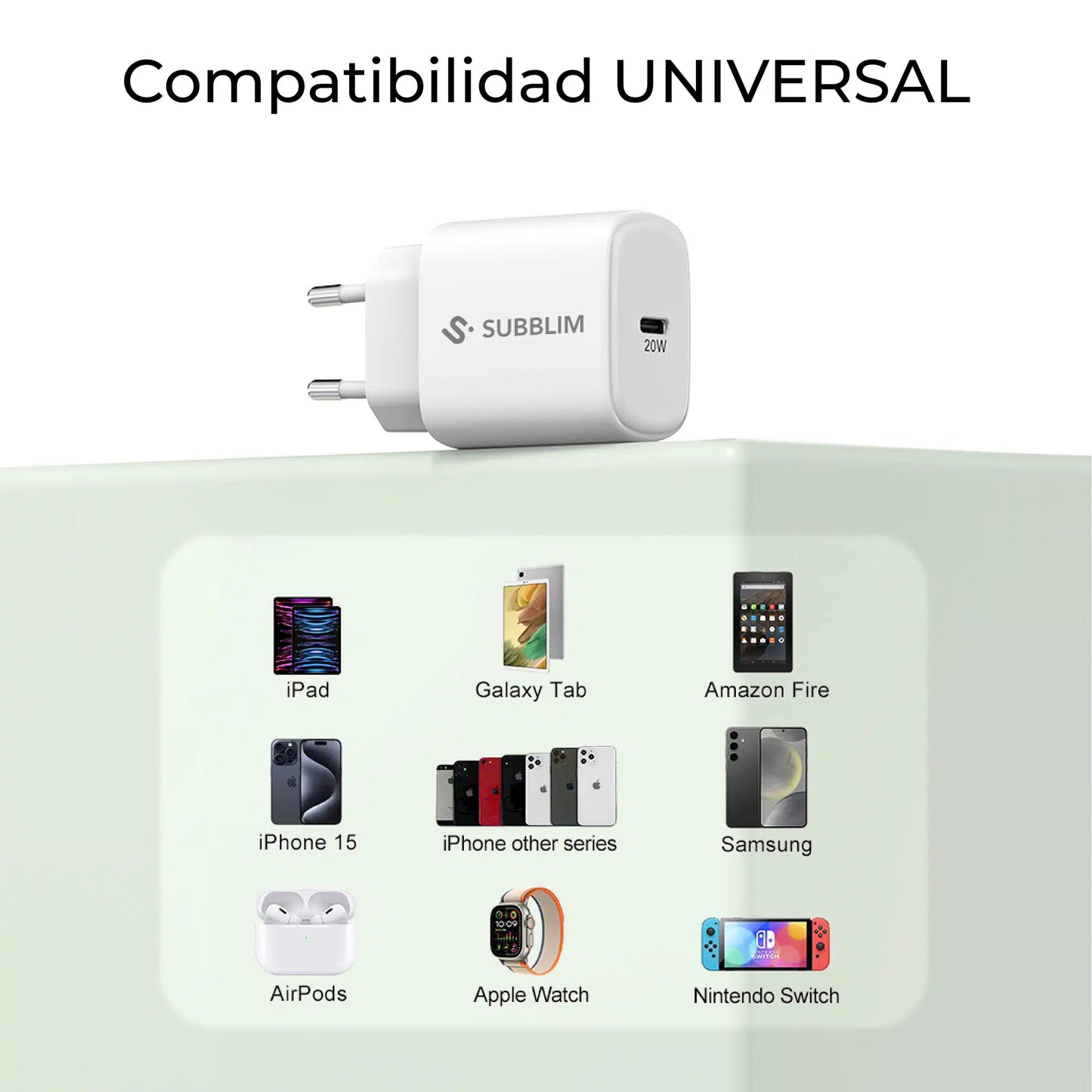 SUBBLIM Cargador USB-C GaN 20W , Power Delivery 3.0 & PPS, Enchufe RÃ¡pido para iPhone 16-12, iPad, Galaxy S24-S20, Pixel 9-6, Xiaomi, UltraportÃ¡til, Seguro y Certificado_1