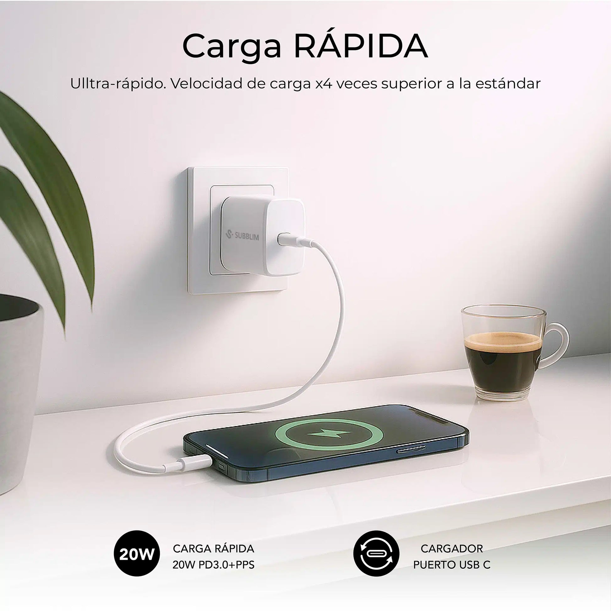 SUBBLIM Cargador USB-C GaN 20W , Power Delivery 3.0 & PPS, Enchufe RÃ¡pido para iPhone 16-12, iPad, Galaxy S24-S20, Pixel 9-6, Xiaomi, UltraportÃ¡til, Seguro y Certificado_3