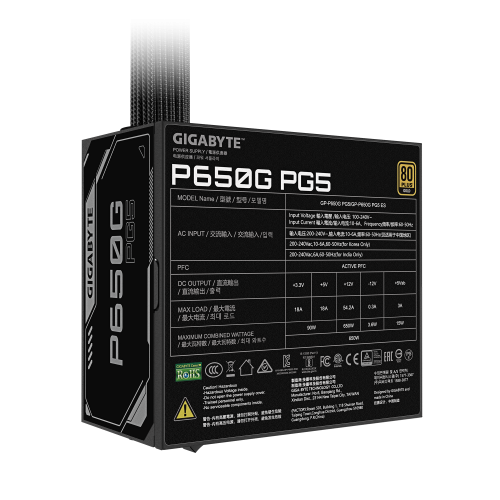 GIGABYTE P650G PCIE 5.1 Fuente de alimentación – PCIe 5.1, 80 PLUS Silver, ventilador de 120mm, compatible con ATX 3.1, enchufe EU_4