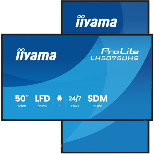 MONITOR TACTIL IIYAMA 50" 3840X2160, UHD VA, 500CD/M2, HORIZ VERT,FAILOVER,MM 2X 10W, HDMI 3X, DP, DP-OUT, USB 2.0 X2, WIFI, LAN, MEDIA PLAY USB, LAN / RS232C, IISIGNAGE2, IISHARE, IICONTROL ANDROID 11, PC-SLOT SDM-L, 24/7, VESA 400X400 (LH5075UHS-B2_0