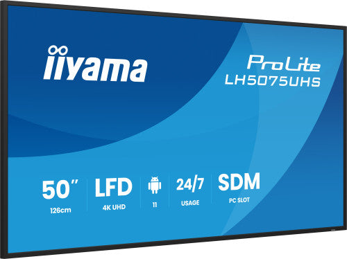 MONITOR TACTIL IIYAMA 50" 3840X2160, UHD VA, 500CD/M2, HORIZ VERT,FAILOVER,MM 2X 10W, HDMI 3X, DP, DP-OUT, USB 2.0 X2, WIFI, LAN, MEDIA PLAY USB, LAN / RS232C, IISIGNAGE2, IISHARE, IICONTROL ANDROID 11, PC-SLOT SDM-L, 24/7, VESA 400X400 (LH5075UHS-B2_3