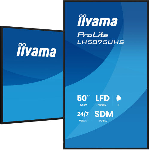 MONITOR TACTIL IIYAMA 50" 3840X2160, UHD VA, 500CD/M2, HORIZ VERT,FAILOVER,MM 2X 10W, HDMI 3X, DP, DP-OUT, USB 2.0 X2, WIFI, LAN, MEDIA PLAY USB, LAN / RS232C, IISIGNAGE2, IISHARE, IICONTROL ANDROID 11, PC-SLOT SDM-L, 24/7, VESA 400X400 (LH5075UHS-B2_4