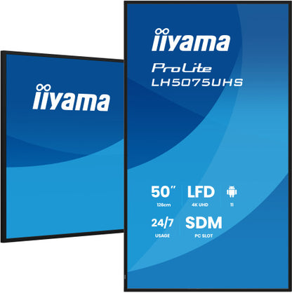 MONITOR TACTIL IIYAMA 50" 3840X2160, UHD VA, 500CD/M2, HORIZ VERT,FAILOVER,MM 2X 10W, HDMI 3X, DP, DP-OUT, USB 2.0 X2, WIFI, LAN, MEDIA PLAY USB, LAN / RS232C, IISIGNAGE2, IISHARE, IICONTROL ANDROID 11, PC-SLOT SDM-L, 24/7, VESA 400X400 (LH5075UHS-B2_4