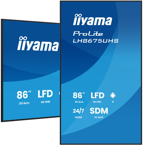 MONITOR TACTIL IIYAMA 86" 3840X2160, UHD VA, 500CD/M2, HORIZ VERT,FAILOVER, MM 2X 10W, HDMI 3X, DP, DP-OUT, USB 2.0 X2, WIFI, LAN, MEDIA PLAY USB, LAN / RS232C, IISIGNAGE2, IISHARE, IICONTROL ANDROID 11, PC-SLOT SDM-L, 24/7, VESA 600X400 (LH8675UHS-B_0