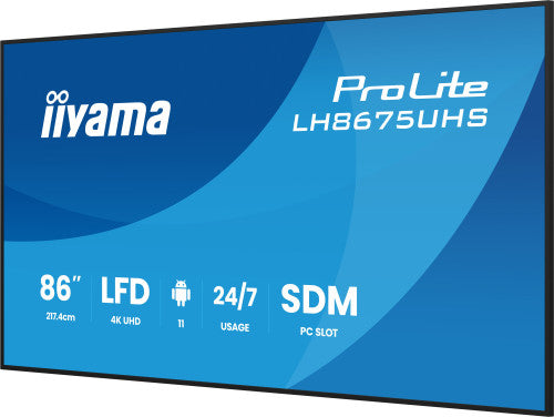 MONITOR TACTIL IIYAMA 86" 3840X2160, UHD VA, 500CD/M2, HORIZ VERT,FAILOVER, MM 2X 10W, HDMI 3X, DP, DP-OUT, USB 2.0 X2, WIFI, LAN, MEDIA PLAY USB, LAN / RS232C, IISIGNAGE2, IISHARE, IICONTROL ANDROID 11, PC-SLOT SDM-L, 24/7, VESA 600X400 (LH8675UHS-B_6