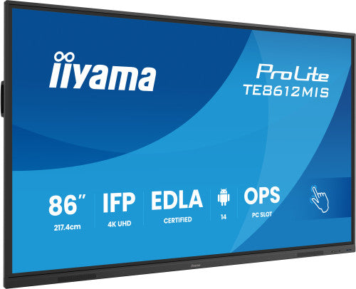 MONITOR INTERACTIVO IIYAMA 86" EDLA, ANDROID 14, 8/128GB, 40-P,3840X2160,UHD,MM 2X 20W,VGA,HDMI 2X /1XOUT, 2X USB-C,MINI-JACK OPTICAL OUT,USB TOUCH, 400CD/M2,LANDSC MODE,MEDIA PLAY USB, AG,LAN,RS232C,IIWARE,WIFI/BT,VESA 800X600,SLOT OPC (TE8612MIS-B4_0