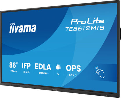 MONITOR INTERACTIVO IIYAMA 86" EDLA, ANDROID 14, 8/128GB, 40-P,3840X2160,UHD,MM 2X 20W,VGA,HDMI 2X /1XOUT, 2X USB-C,MINI-JACK OPTICAL OUT,USB TOUCH, 400CD/M2,LANDSC MODE,MEDIA PLAY USB, AG,LAN,RS232C,IIWARE,WIFI/BT,VESA 800X600,SLOT OPC (TE8612MIS-B4_2
