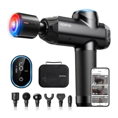 RENPHO POWER+ - MASSAGE GUN - 6 MASSAGE HEADS & 6 SPEEDS - BLE - 12MM AMPLITUDE - BLACK, CONNECTED TO THE APP (INSTANT HEAT & COOLING HEAD)_0