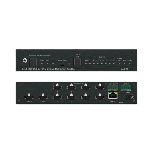 Switcher KRAMER AVSM 2X1:8 4K60 USB-C/HDMI Amplificador de Distribuição / Preto / DA3-28-H_0
