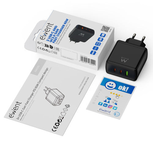 (ABM) EWENT CARGADOR GAN FAST DE 65W, 3 PUERTOS (2 USB-C PD Y 1USB-A QC) DISEÃO COMPACTO_1
