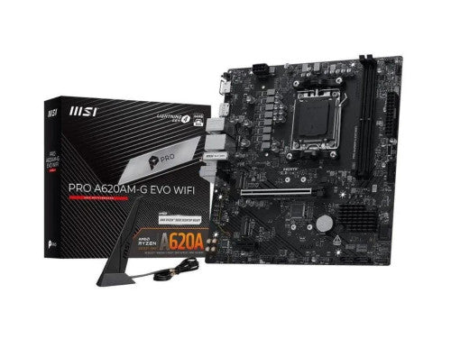 PLACA MSI PRO A620AM-G EVO WIFI,AMD,AM5,A620,2DDR5,128GB,DP+HDMI,2.5GBLAN+WIFI6E+BT5.3,4SATA6+2XM.2,7USB3.2,MATX_0