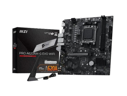 PLACA MSI PRO A620AM-G EVO WIFI,AMD,AM5,A620,2DDR5,128GB,DP+HDMI,2.5GBLAN+WIFI6E+BT5.3,4SATA6+2XM.2,7USB3.2,MATX_0