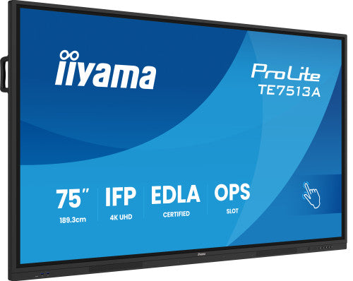 IIYAMA 75" (EDLA)/ANDROID 14,8 CORE SOC, 8/128GB, 40-PTS  UHD , NFC, PIR , MM 2X20W +20W SBUW, 2XHDMI, USB-C / HDMI,DP, 2XUSB-C100W PD/MINI-JACK / OPT.OUT, 450CD/M2, L/S MODE, AG GLASS, LAN, WIFI6, BT5.0/IIWARE, PC SLOT,800X400 (WM INCL.) (TE7513A-B2_0