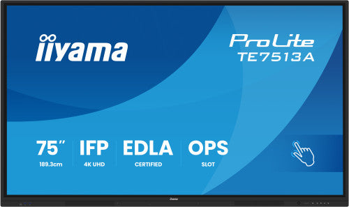 IIYAMA 75" (EDLA)/ANDROID 14,8 CORE SOC, 8/128GB, 40-PTS  UHD , NFC, PIR , MM 2X20W +20W SBUW, 2XHDMI, USB-C / HDMI,DP, 2XUSB-C100W PD/MINI-JACK / OPT.OUT, 450CD/M2, L/S MODE, AG GLASS, LAN, WIFI6, BT5.0/IIWARE, PC SLOT,800X400 (WM INCL.) (TE7513A-B2_1