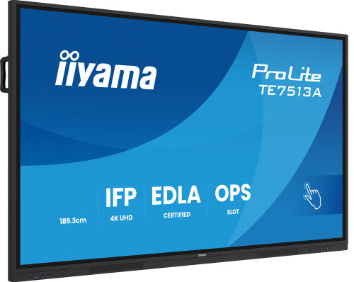 IIYAMA 75" (EDLA)/ANDROID 14,8 CORE SOC, 8/128GB, 40-PTS  UHD , NFC, PIR , MM 2X20W +20W SBUW, 2XHDMI, USB-C / HDMI,DP, 2XUSB-C100W PD/MINI-JACK / OPT.OUT, 450CD/M2, L/S MODE, AG GLASS, LAN, WIFI6, BT5.0/IIWARE, PC SLOT,800X400 (WM INCL.) (TE7513A-B2_3